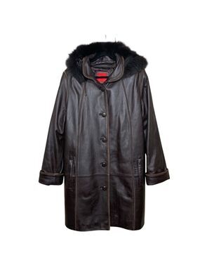 BBL Brown Leather Hooded Coat Fur Trim Sz XL Detachable Hood & Lining Minimalist